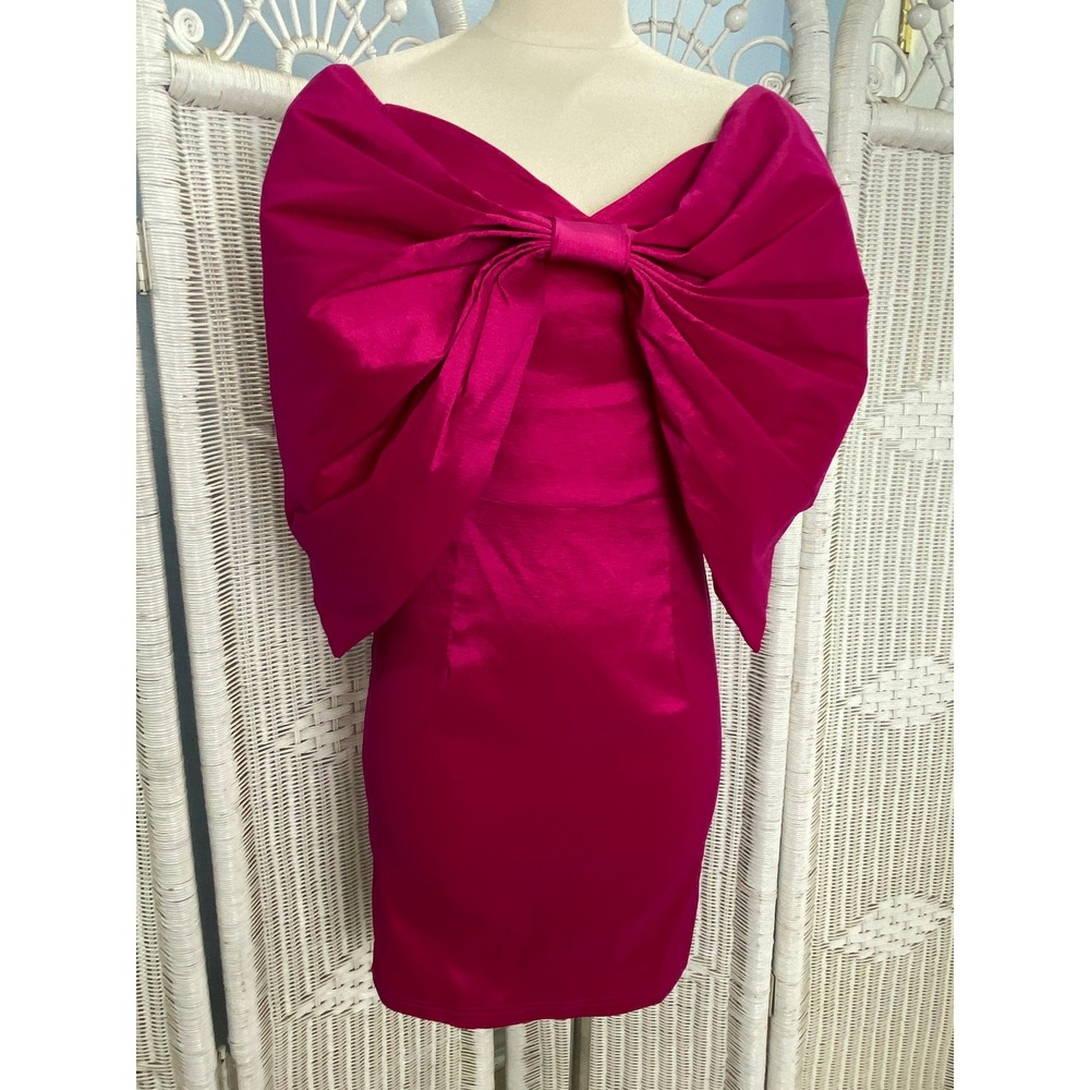AOMEI Fuchsia Satin Bow Dress Statement Off Shoulder Cocktail Party‎ Mini M